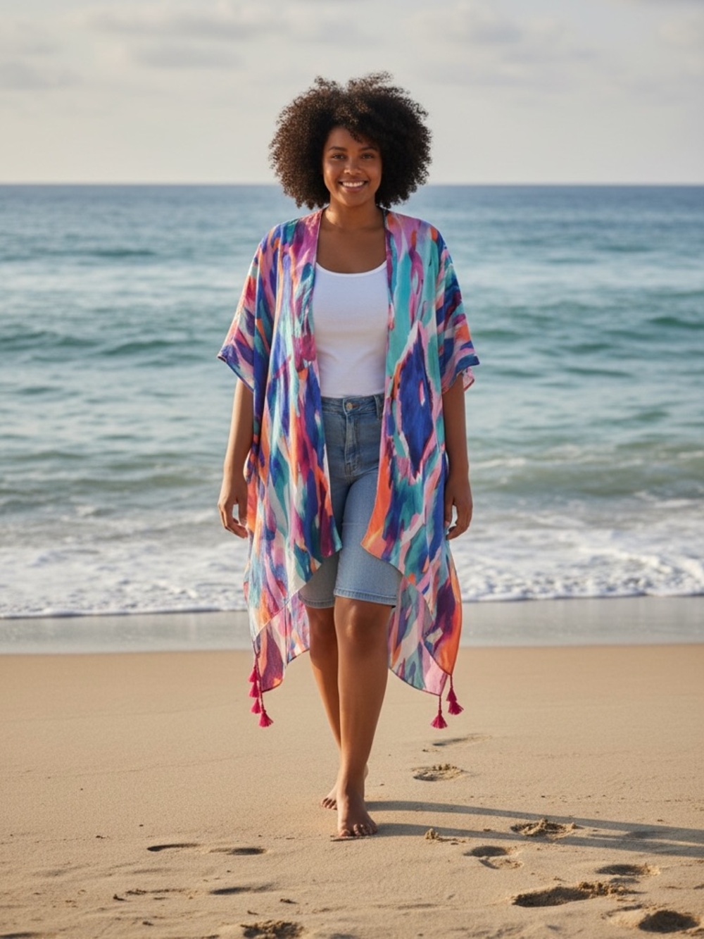 DO EVERYTHING IN LOVE Blue Watercolor Print Kimono O/S NWT